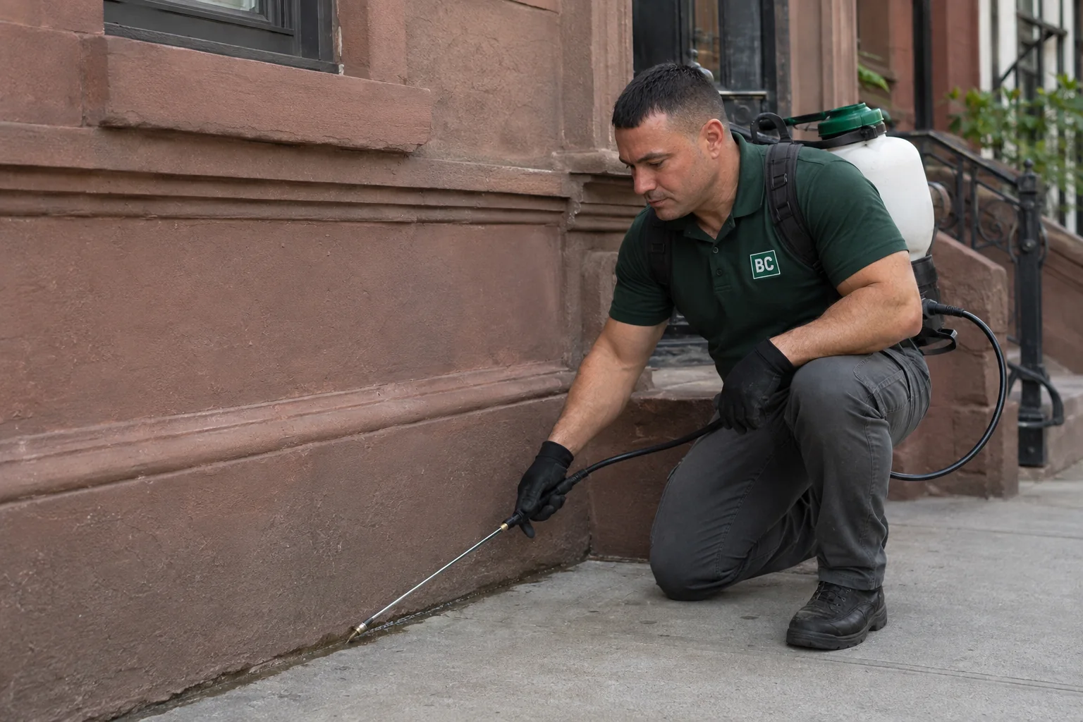 Derek applying a controlled perimeter treatment along a brownstone foundation