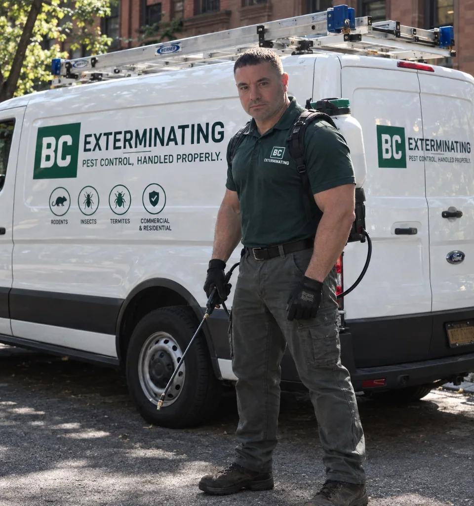Derek in BC Exterminating workwear beside the company service van